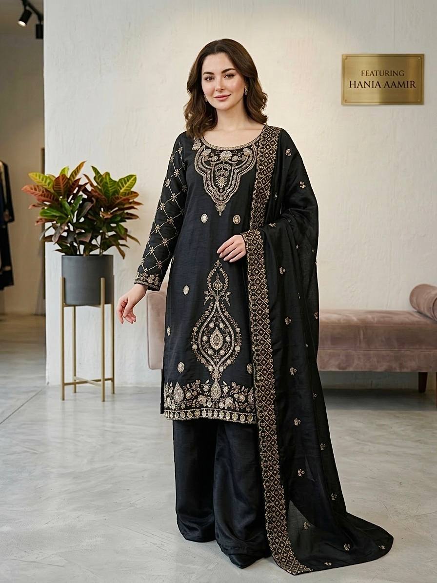 Jency Creation Women's GMY Choo Silk Embroidered Party Wear Palazzo Set with Dupatta