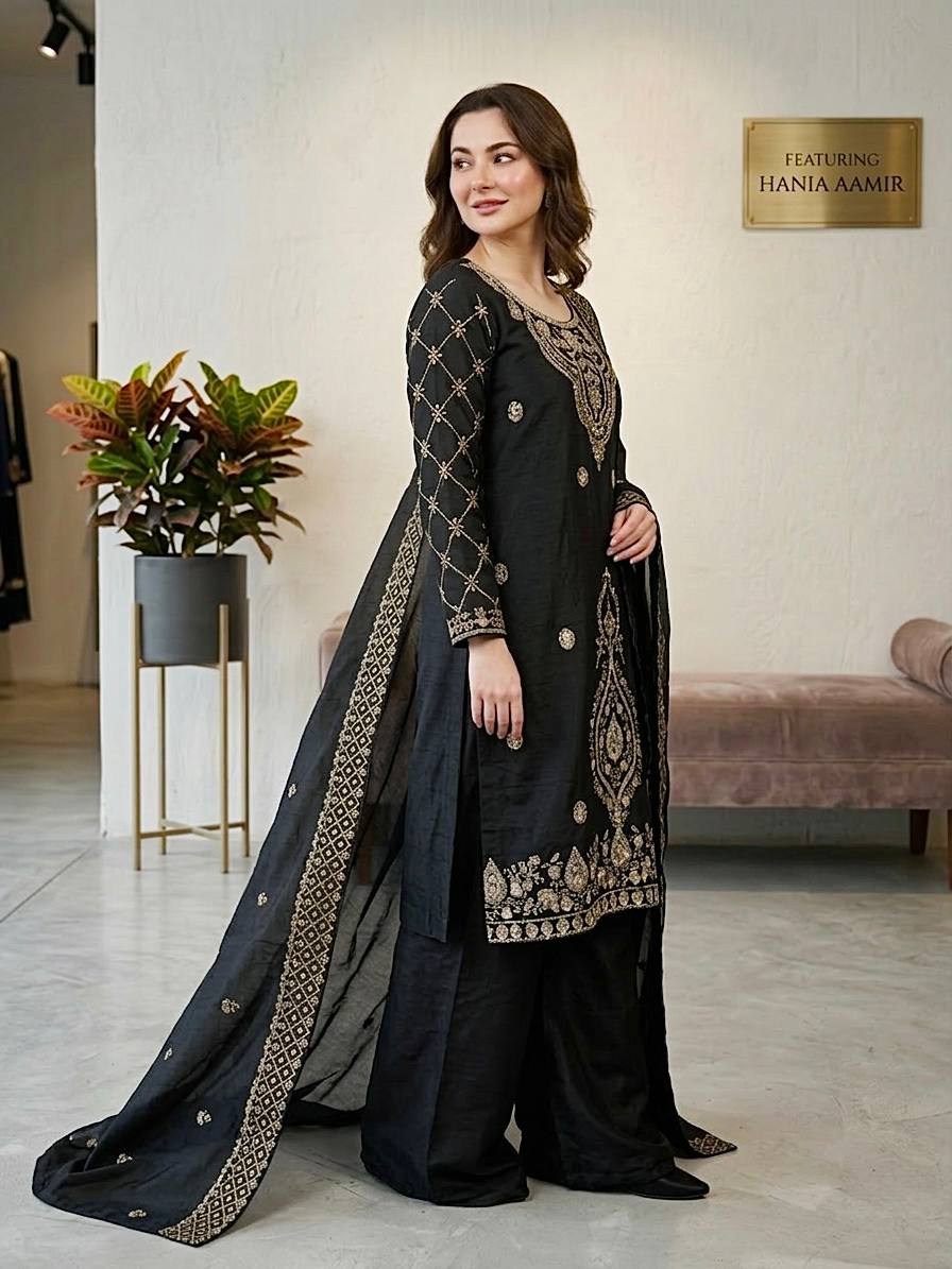Jency Creation Women's GMY Choo Silk Embroidered Party Wear Palazzo Set with Dupatta