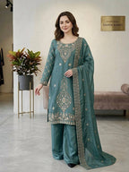 Jency Creation Women's GMY Choo Silk Embroidered Party Wear Palazzo Set with Dupatta