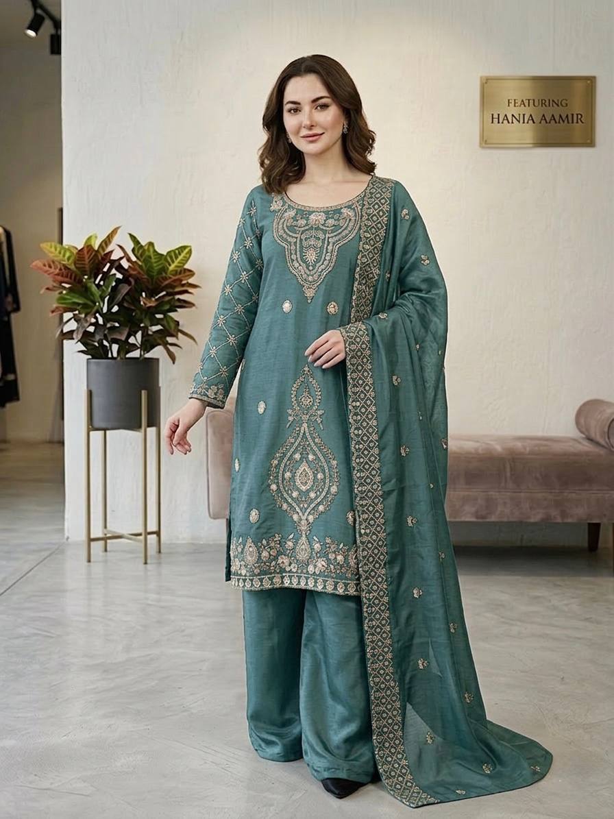 Jency Creation Women's GMY Choo Silk Embroidered Party Wear Palazzo Set with Dupatta