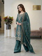 Jency Creation Women's GMY Choo Silk Embroidered Party Wear Palazzo Set with Dupatta