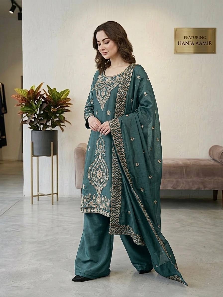 Jency Creation Women's GMY Choo Silk Embroidered Party Wear Palazzo Set with Dupatta