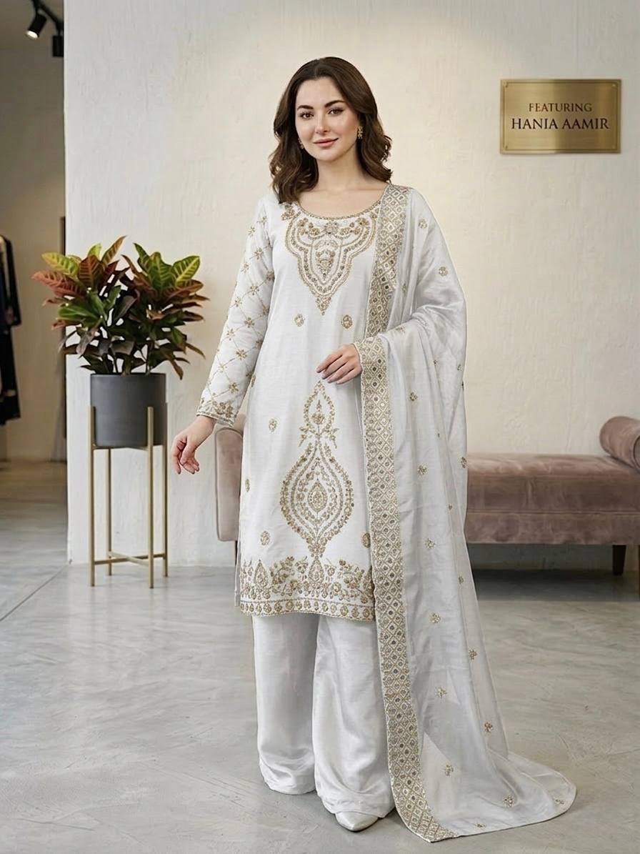 Jency Creation Women's GMY Choo Silk Embroidered Party Wear Palazzo Set with Dupatta
