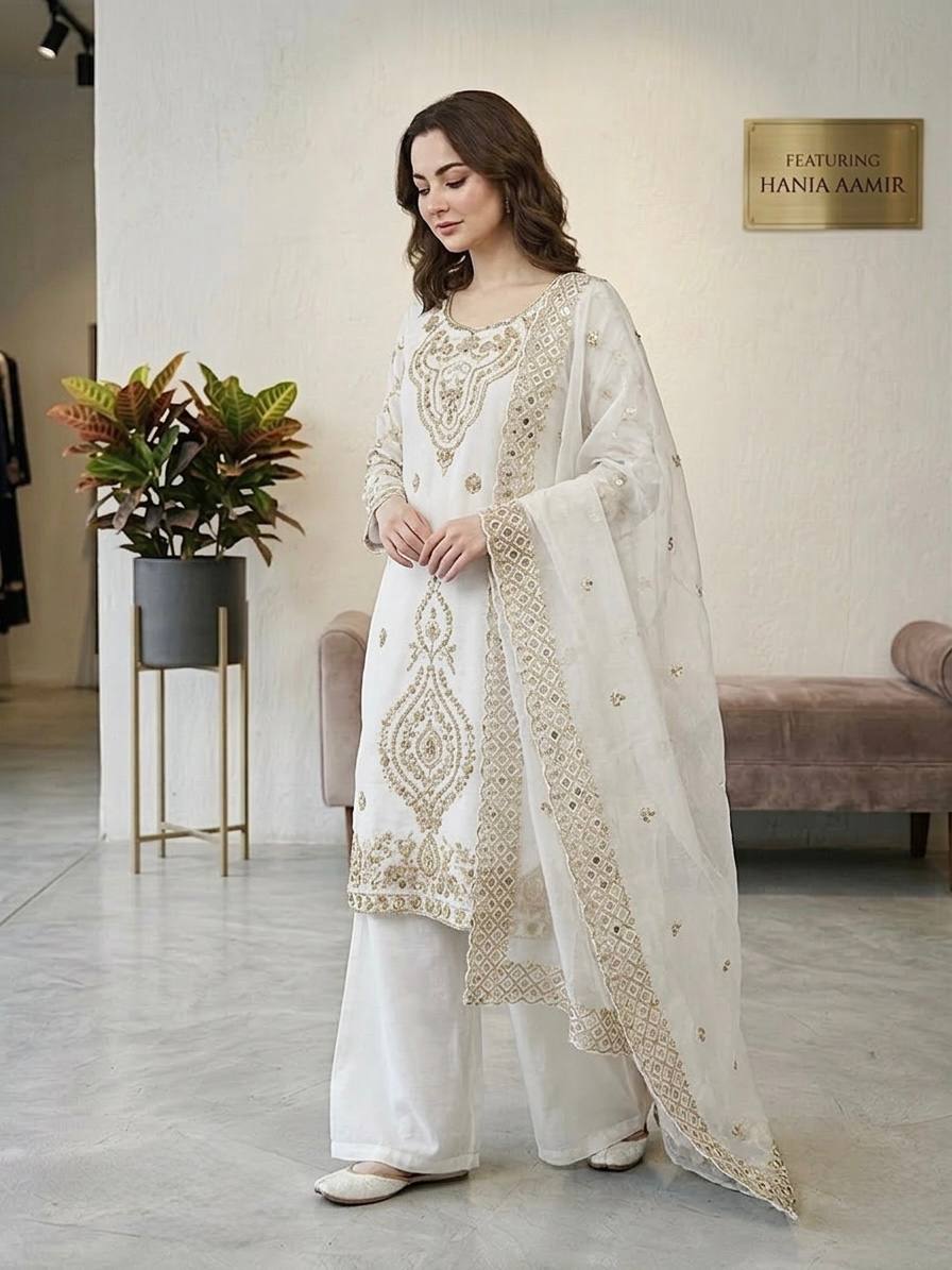 Jency Creation Women's GMY Choo Silk Embroidered Party Wear Palazzo Set with Dupatta