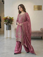Jency Creation Women's GMY Choo Silk Embroidered Party Wear Palazzo Set with Dupatta