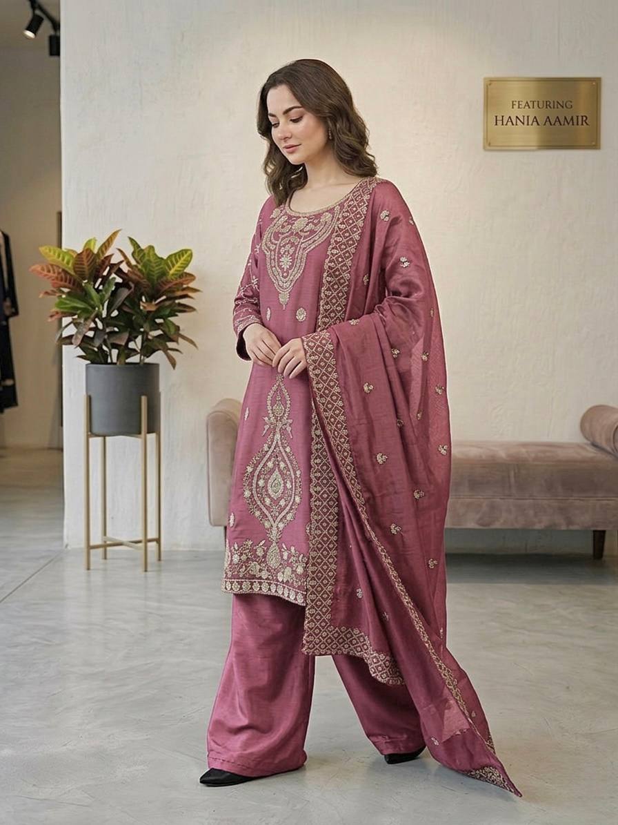 Jency Creation Women's GMY Choo Silk Embroidered Party Wear Palazzo Set with Dupatta
