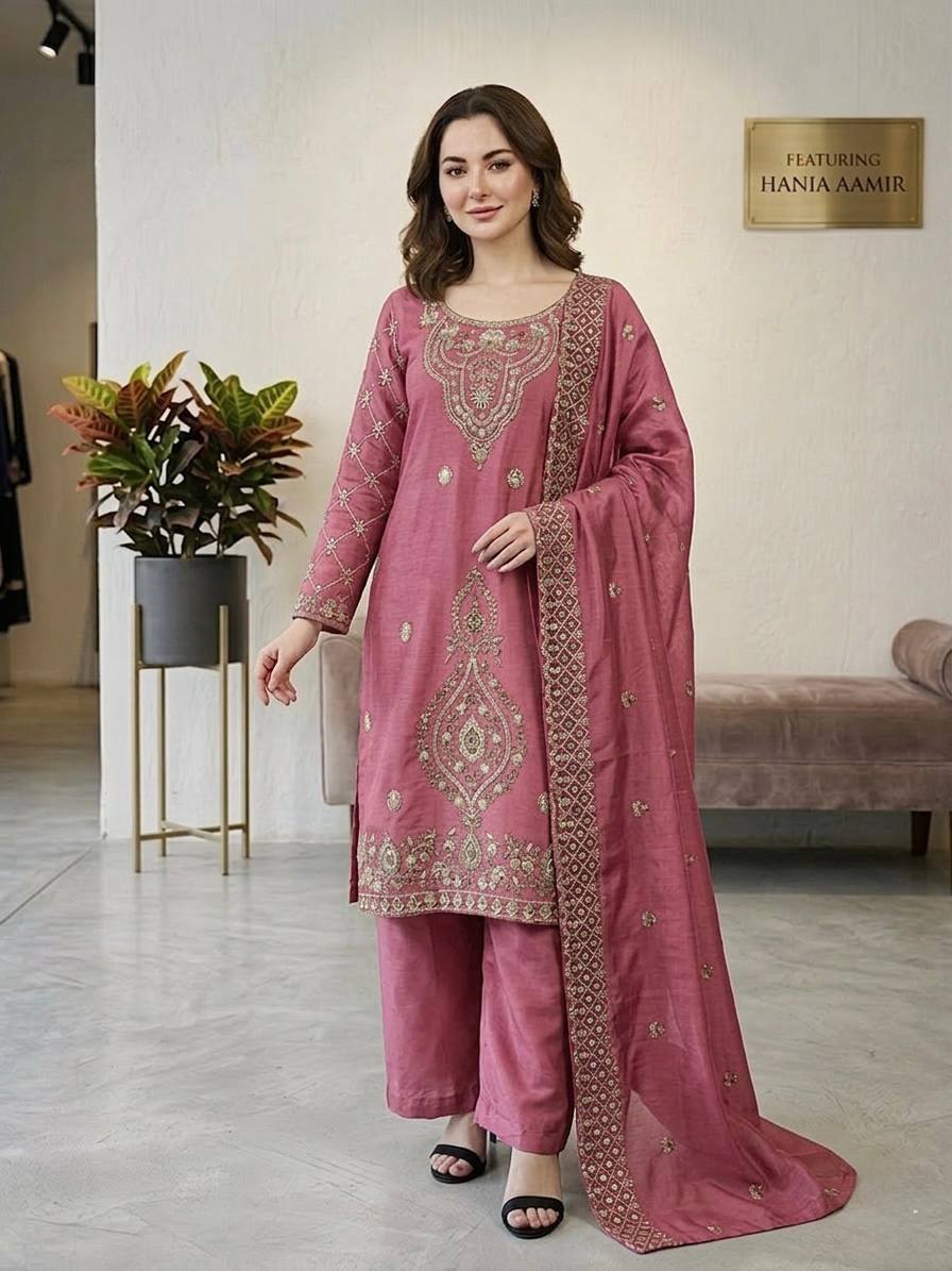 Jency Creation Women's GMY Choo Silk Embroidered Party Wear Palazzo Set with Dupatta