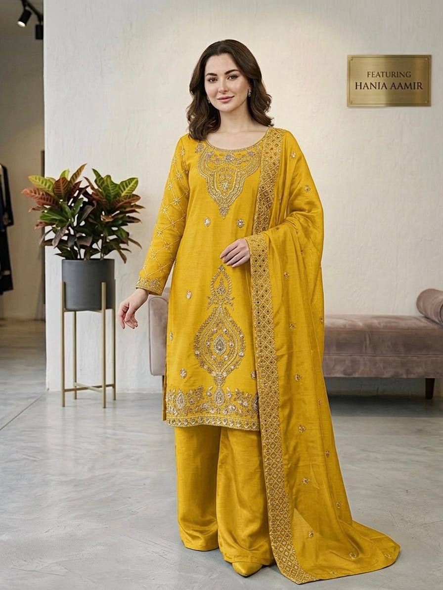 Jency Creation Women's GMY Choo Silk Embroidered Party Wear Palazzo Set with Dupatta