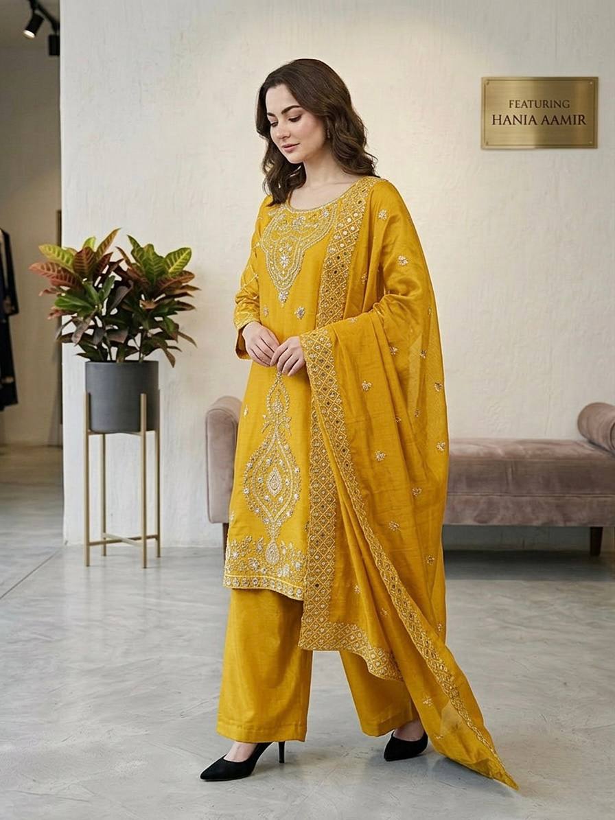 Jency Creation Women's GMY Choo Silk Embroidered Party Wear Palazzo Set with Dupatta