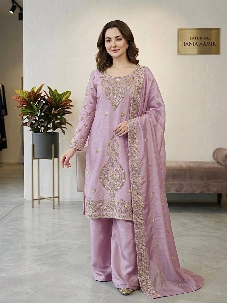 Jency Creation Women's GMY Choo Silk Embroidered Party Wear Palazzo Set with Dupatta