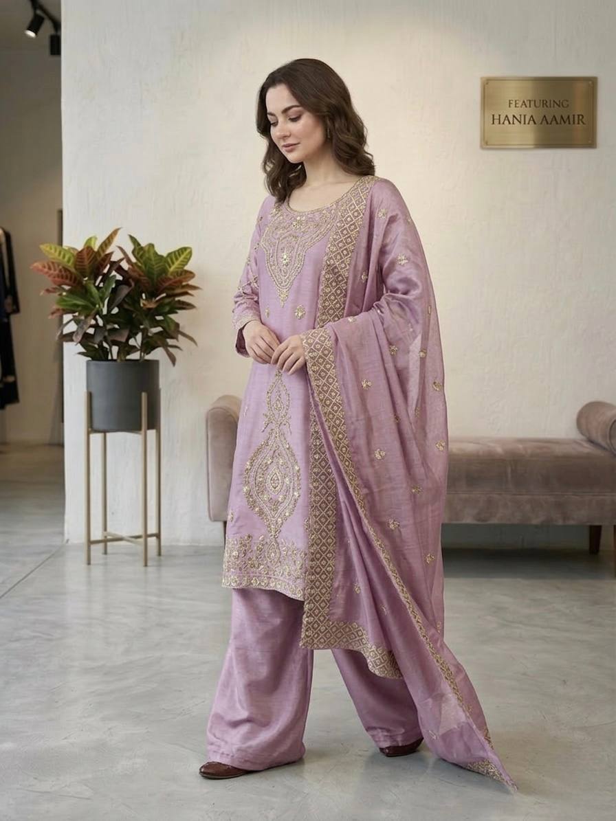 Jency Creation Women's GMY Choo Silk Embroidered Party Wear Palazzo Set with Dupatta