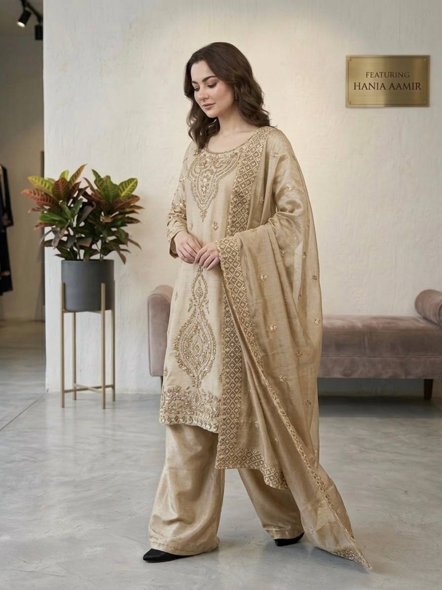 Jency Creation Women's GMY Choo Silk Embroidered Party Wear Palazzo Set with Dupatta