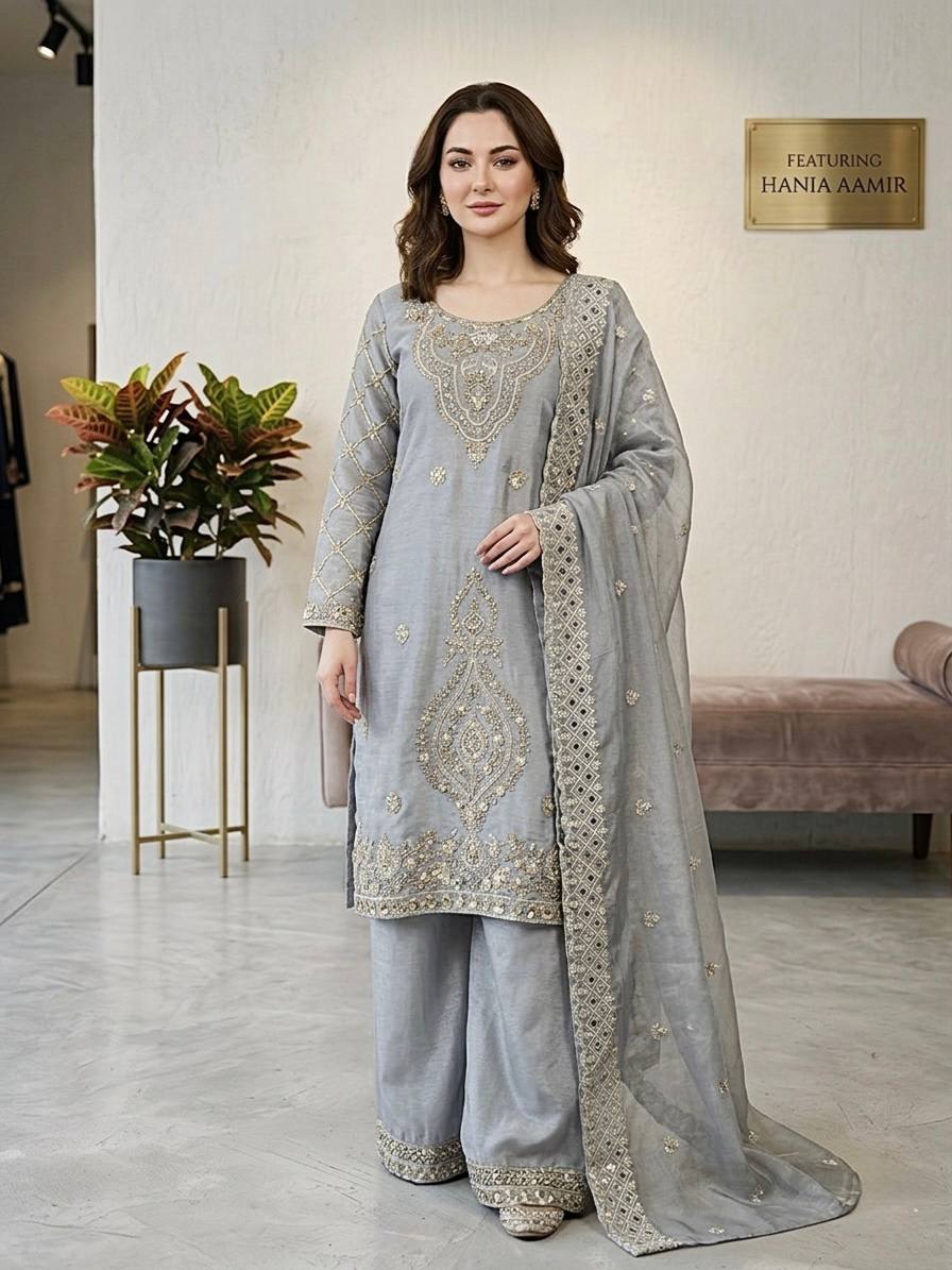 Jency Creation Women's GMY Choo Silk Embroidered Party Wear Palazzo Set with Dupatta