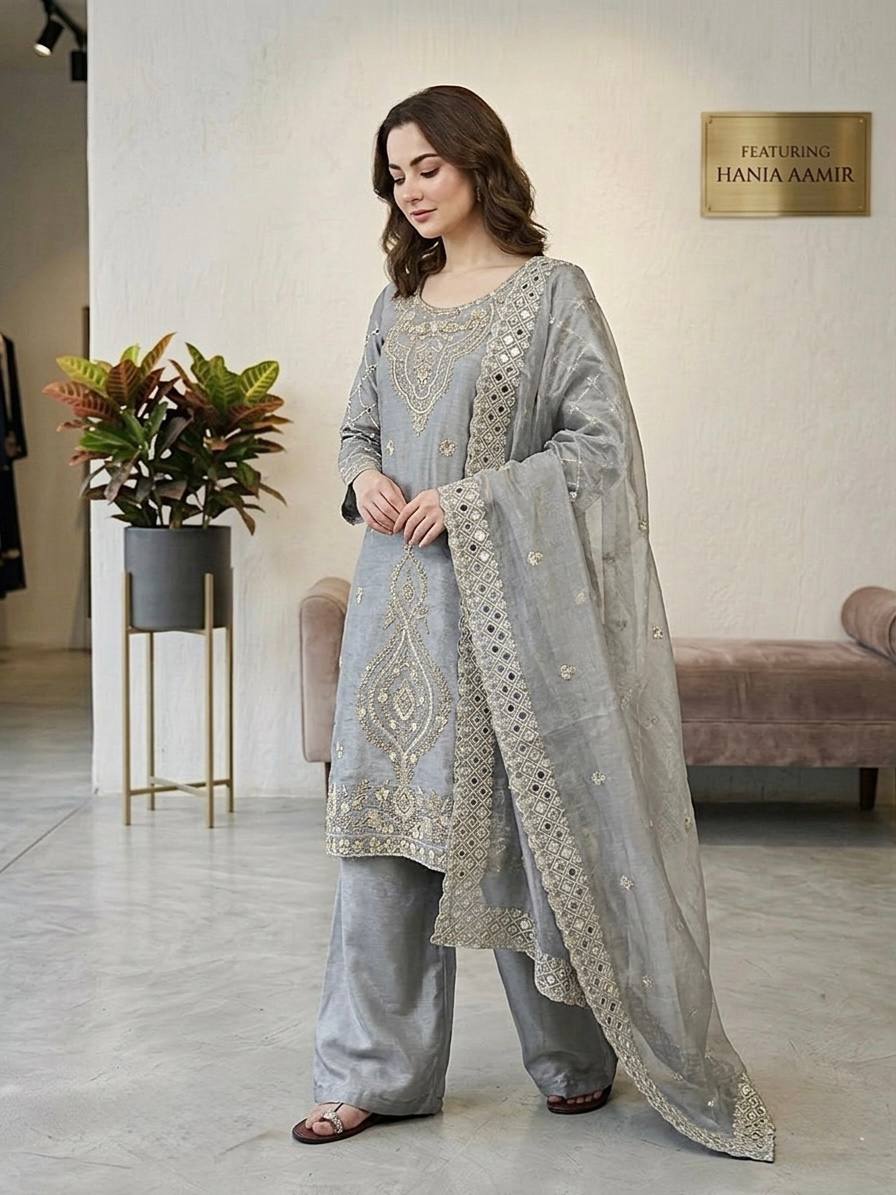 Jency Creation Women's GMY Choo Silk Embroidered Party Wear Palazzo Set with Dupatta