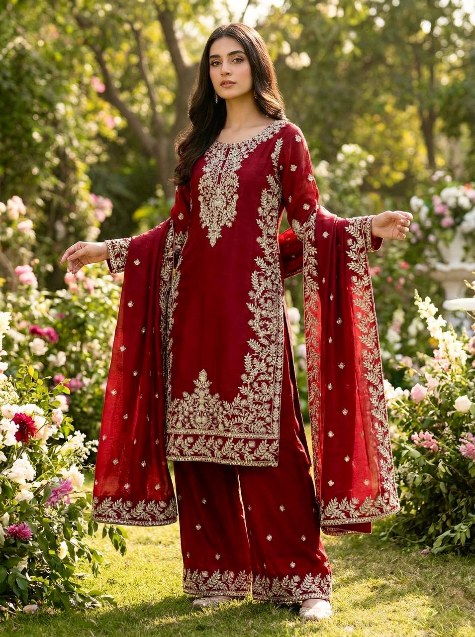 Jency Creation Women's GMY Silk Embroidered Kurta Palazzo Set with Dupatta
