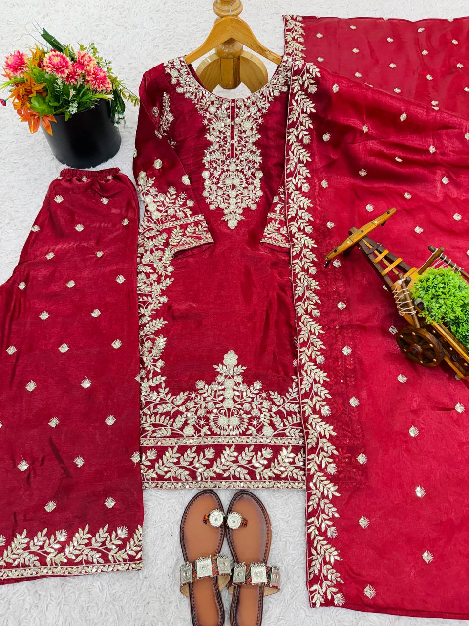Jency Creation Women's GMY Silk Embroidered Kurta Palazzo Set with Dupatta