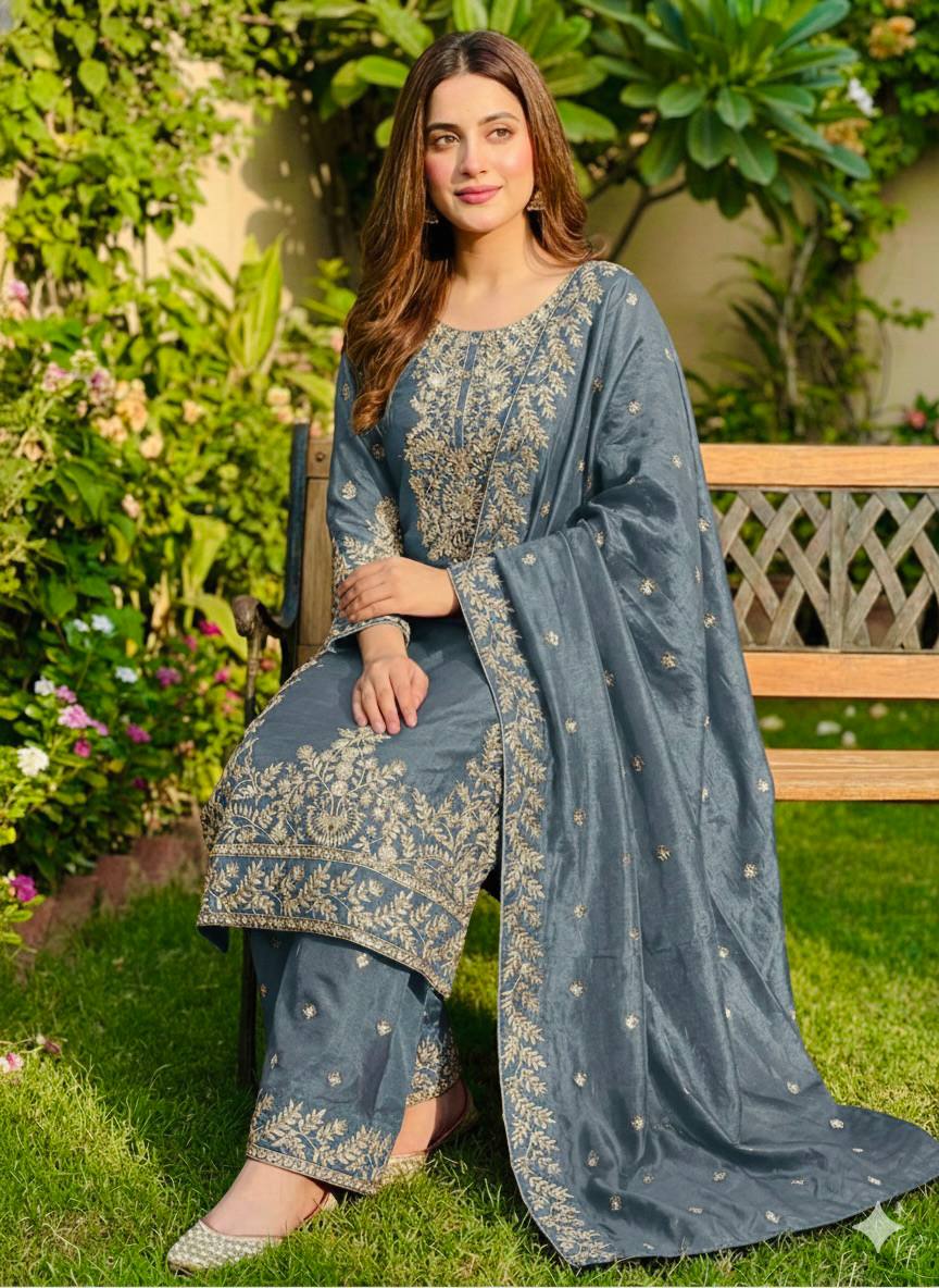 Jency Creation Women's GMY Silk Embroidered Kurta Palazzo Set with Dupatta