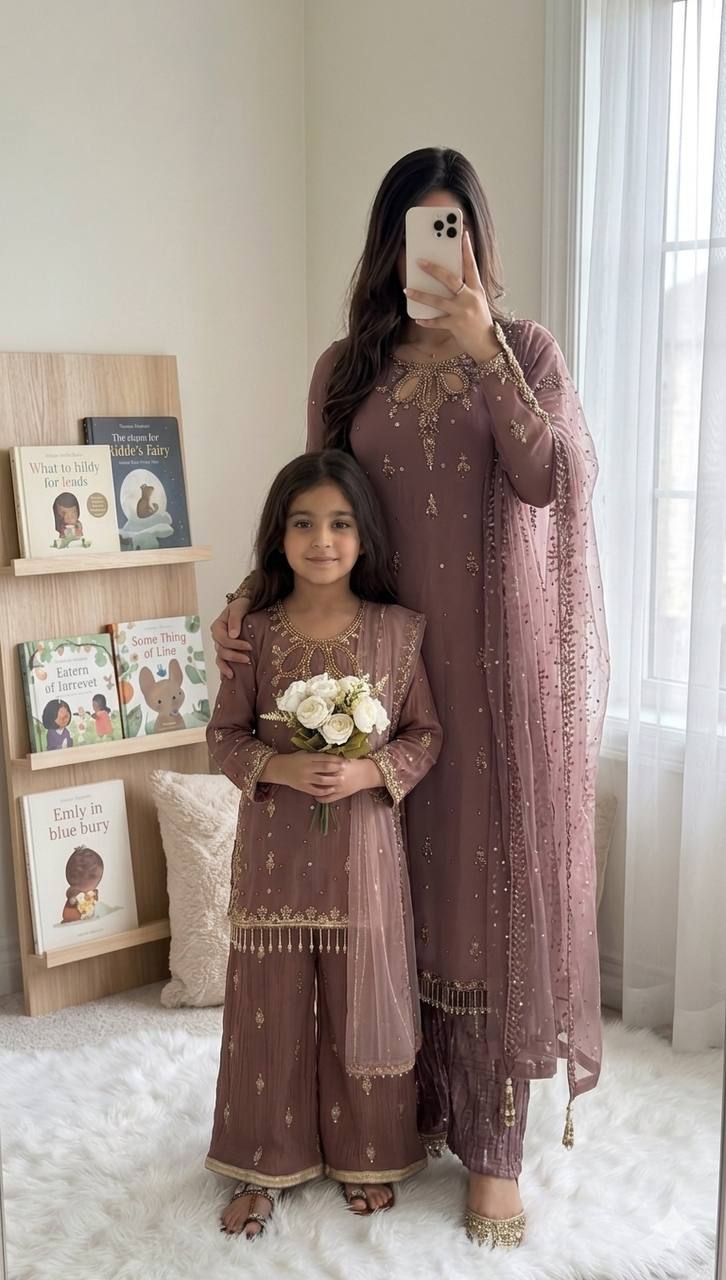 Jency Creation Mother & Daughter Faux Georgette Embroidered Palazzo Set with Dupatta