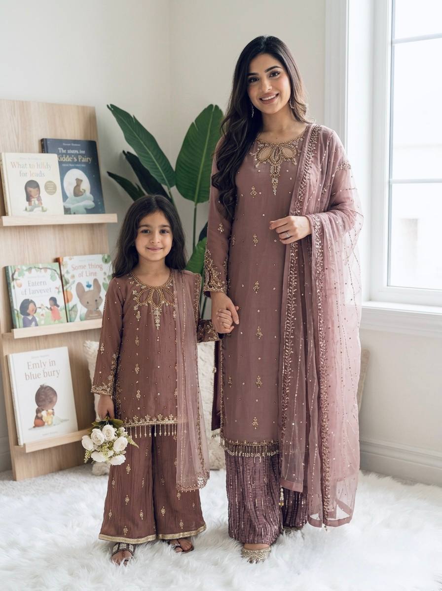 Jency Creation Mother & Daughter Faux Georgette Embroidered Palazzo Set with Dupatta