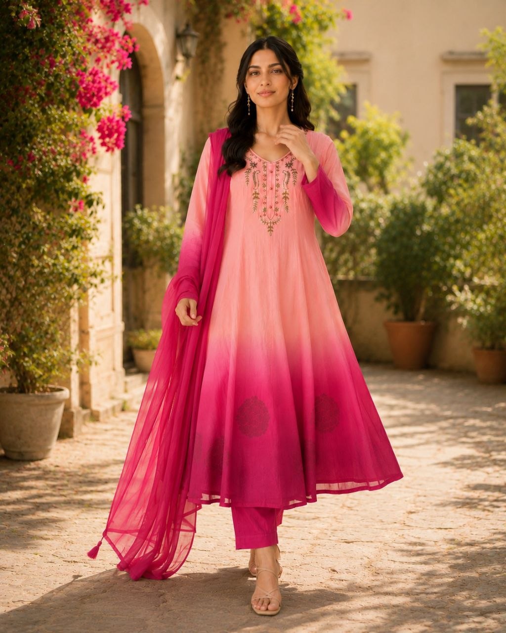 Jency Creation Women's Premium Orange Chiffon Anarkali Gown Set with Dupatta