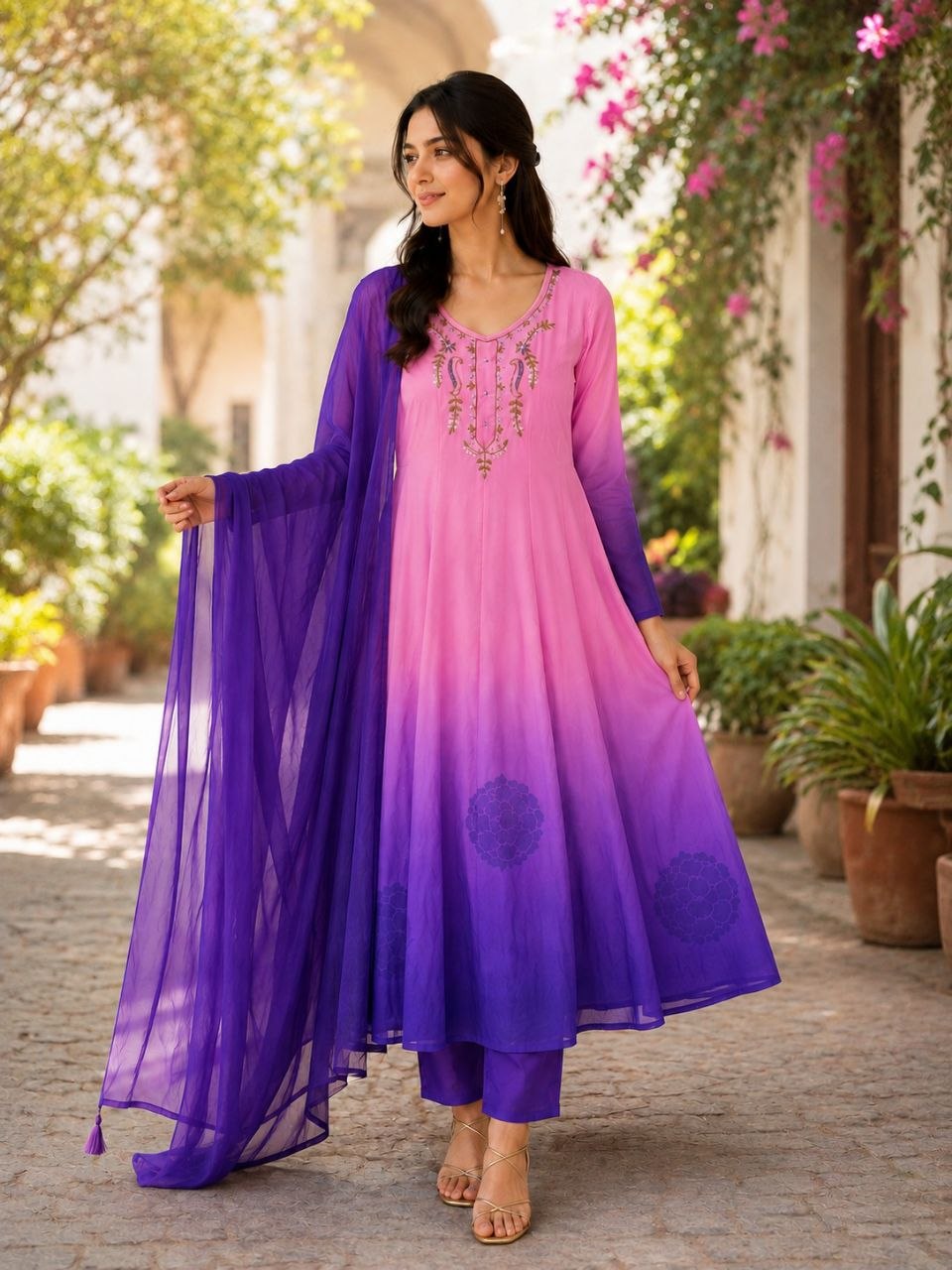 Jency Creation Women's Premium Orange Chiffon Anarkali Gown Set with Dupatta