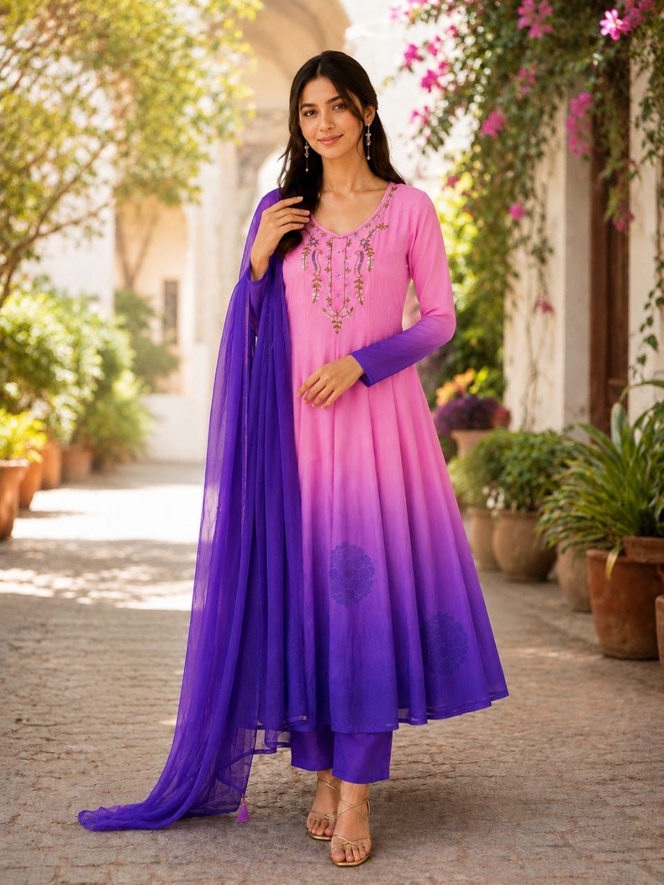 Jency Creation Women's Premium Orange Chiffon Anarkali Gown Set with Dupatta