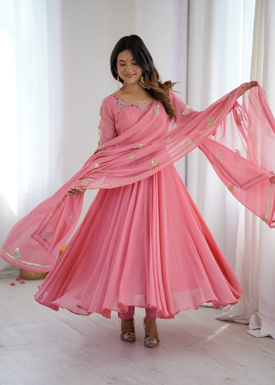Party Wear Faux Georgette Anarkali Set with 7-Meter Flair