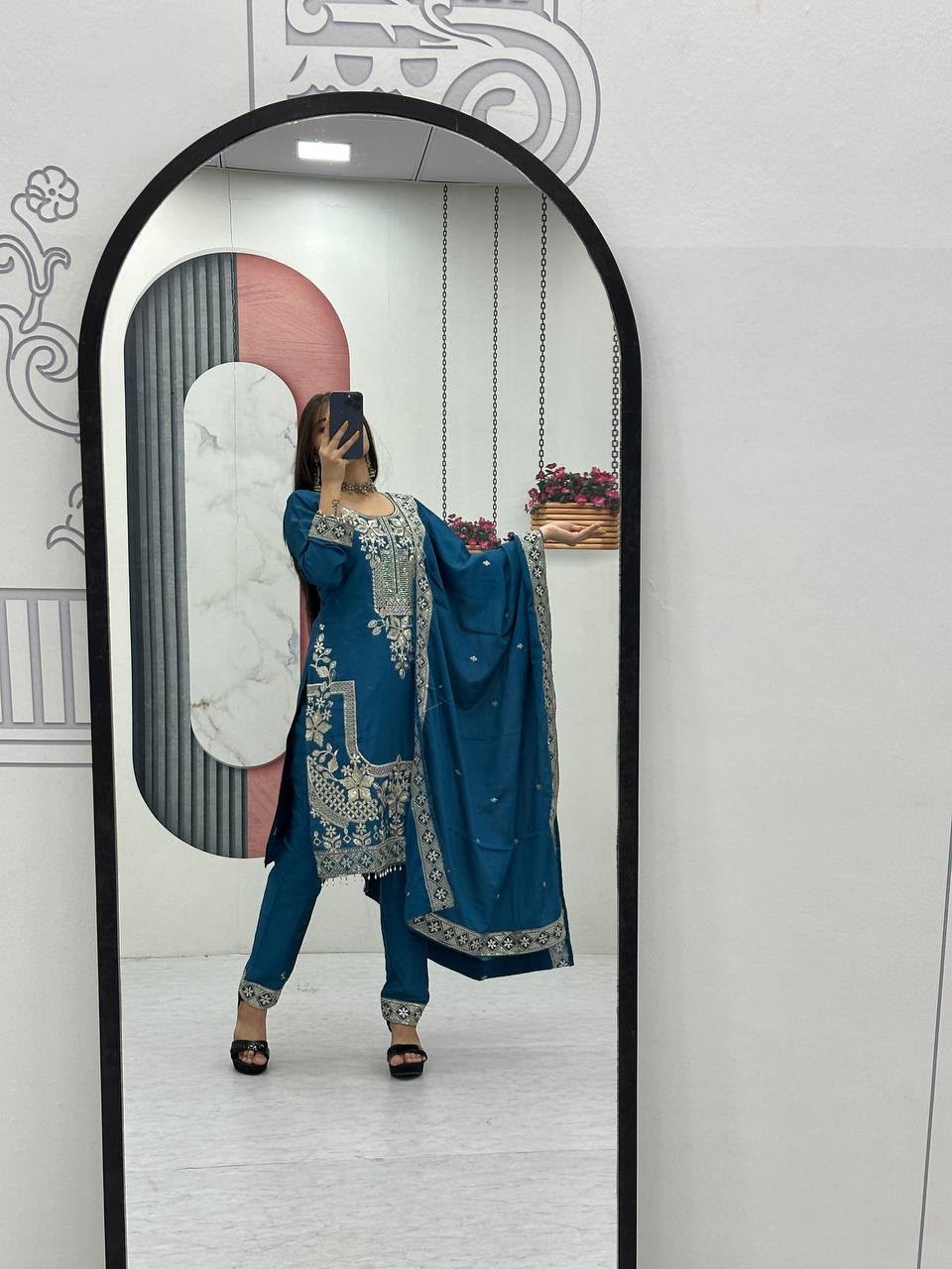 Luxury Party Wear Embroidered Chinon Suit Set for Women