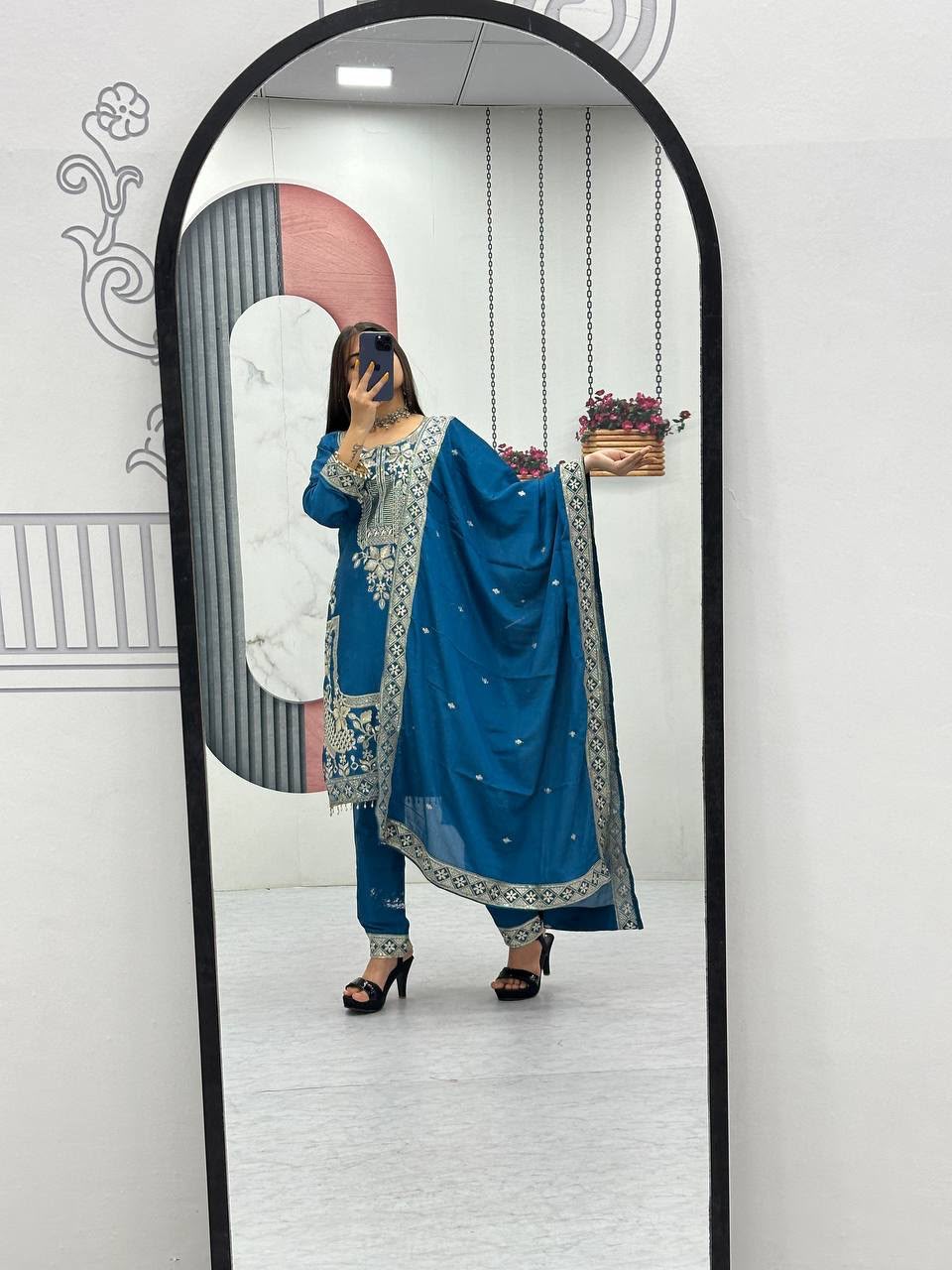 Luxury Party Wear Embroidered Chinon Suit Set for Women