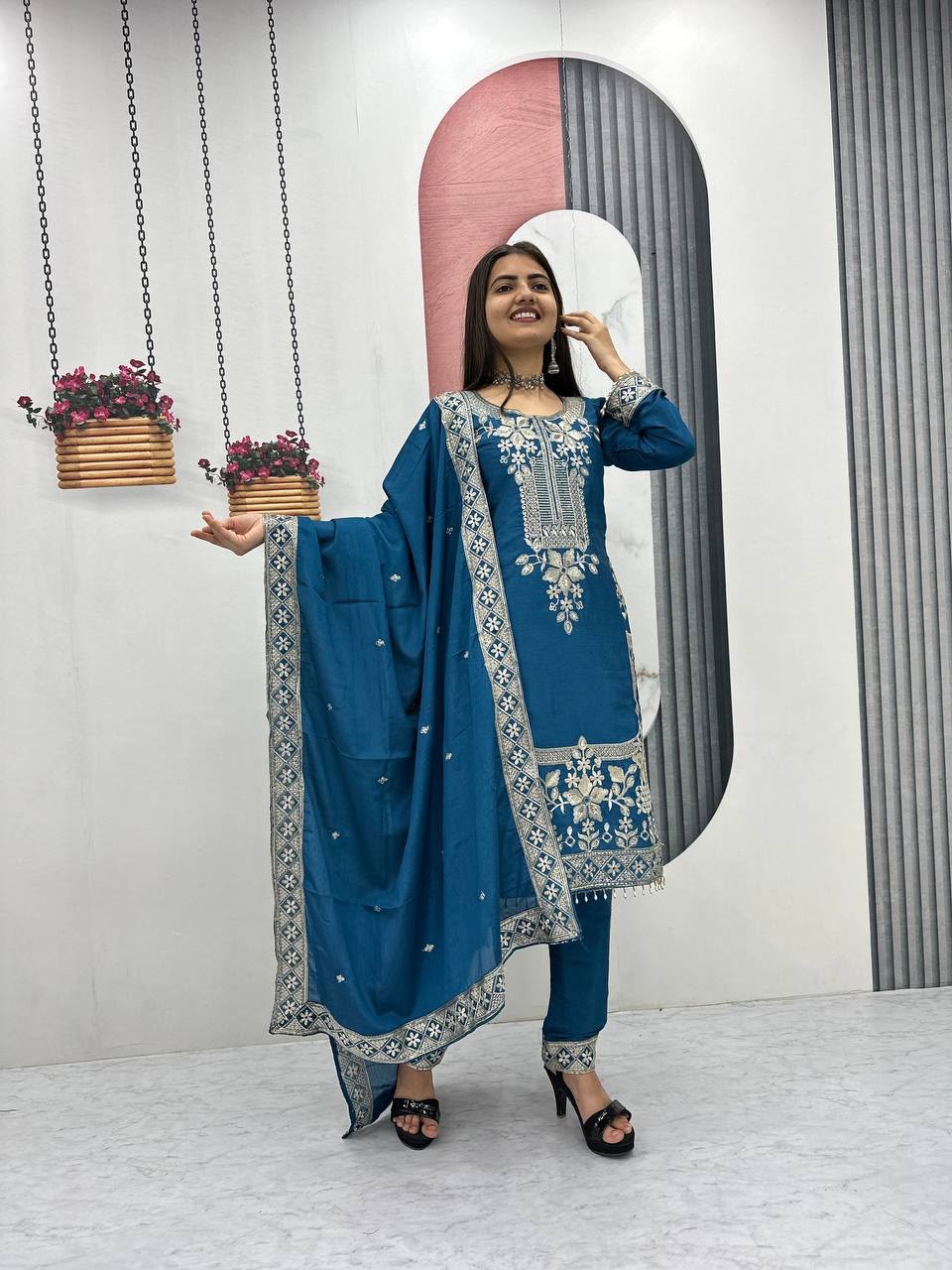 Luxury Party Wear Embroidered Chinon Suit Set for Women