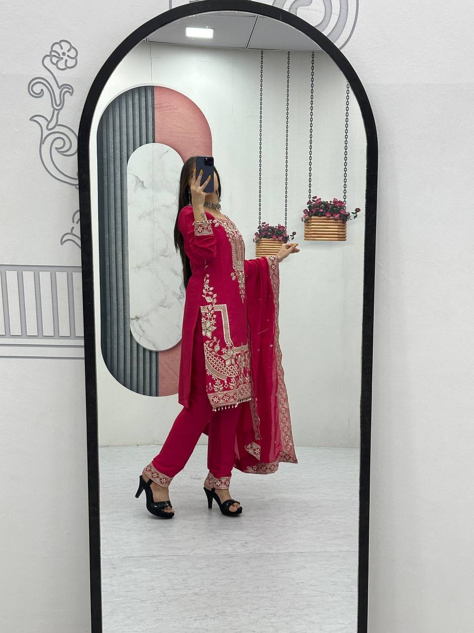 Luxury Party Wear Embroidered Chinon Suit Set for Women