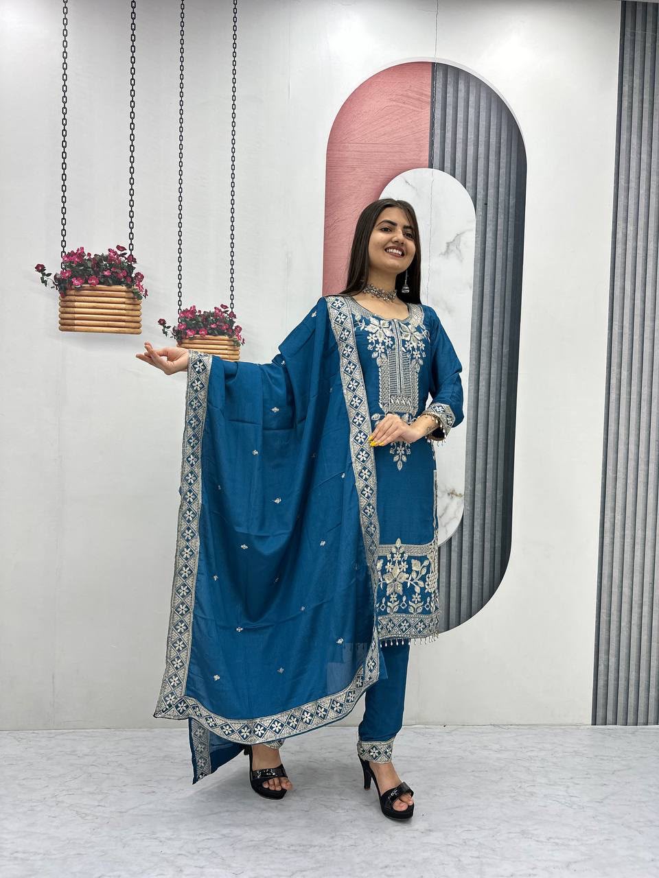 Luxury Party Wear Embroidered Chinon Suit Set for Women