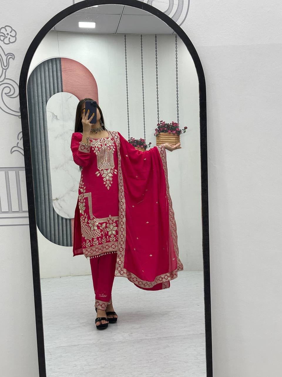 Luxury Party Wear Embroidered Chinon Suit Set for Women