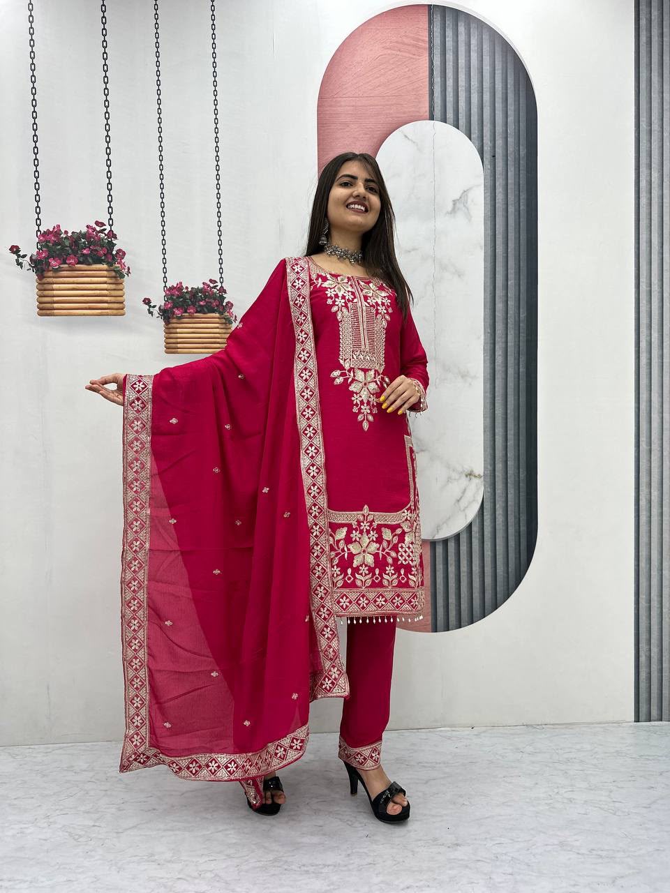 Luxury Party Wear Embroidered Chinon Suit Set for Women