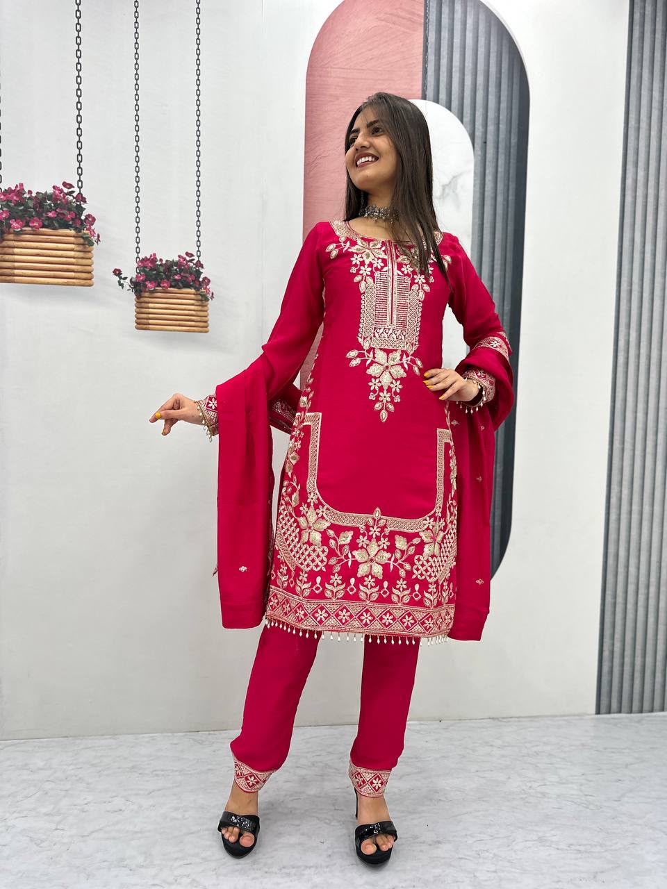Luxury Party Wear Embroidered Chinon Suit Set for Women
