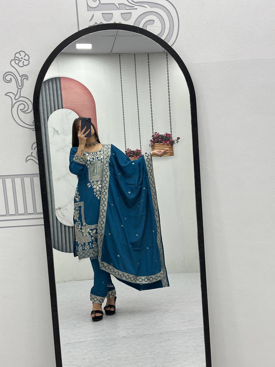 Luxury Party Wear Embroidered Chinon Suit Set for Women