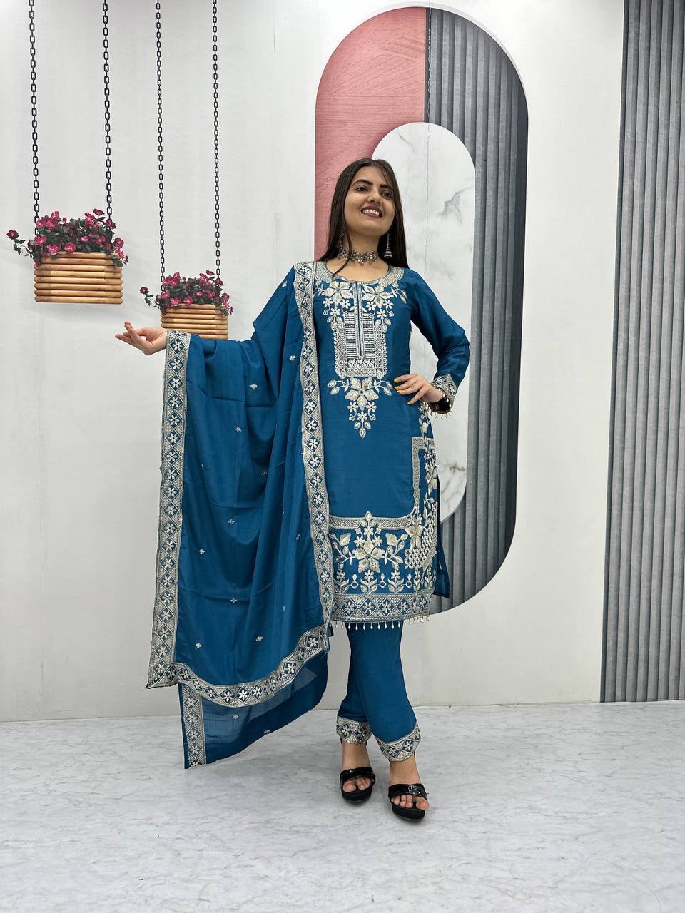Luxury Party Wear Embroidered Chinon Suit Set for Women