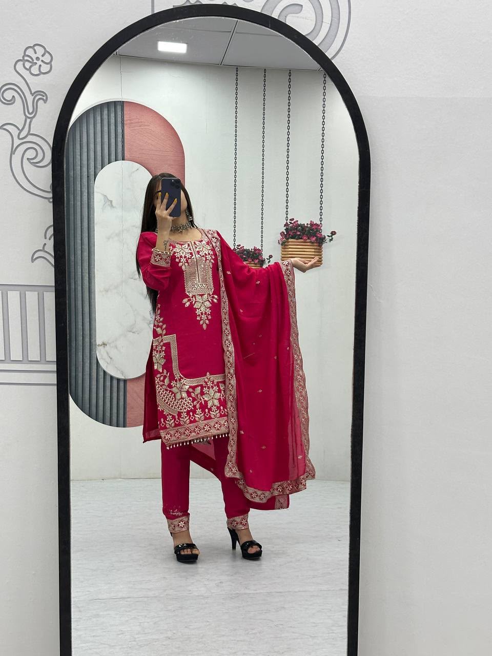 Luxury Party Wear Embroidered Chinon Suit Set for Women