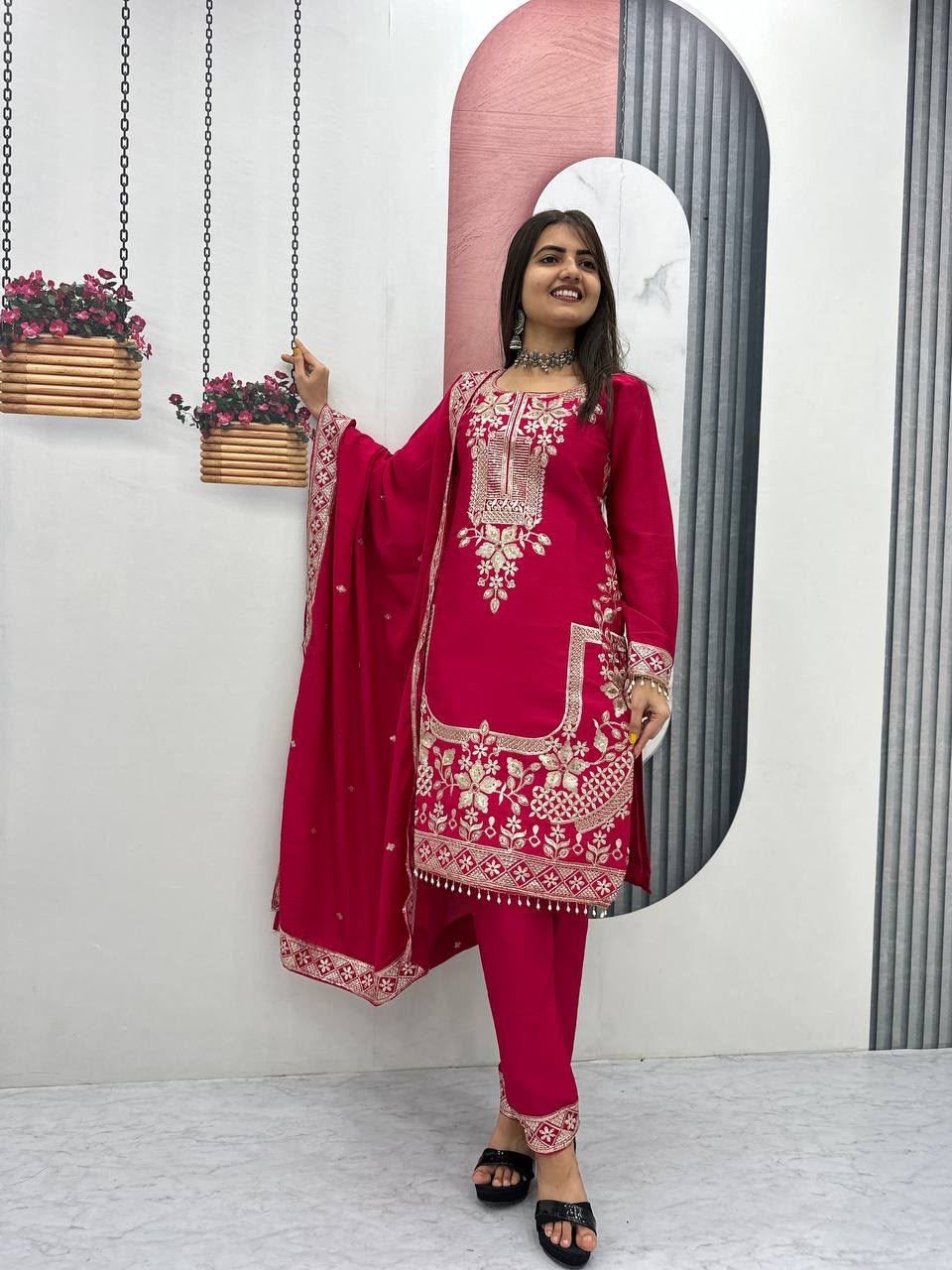 Luxury Party Wear Embroidered Chinon Suit Set for Women