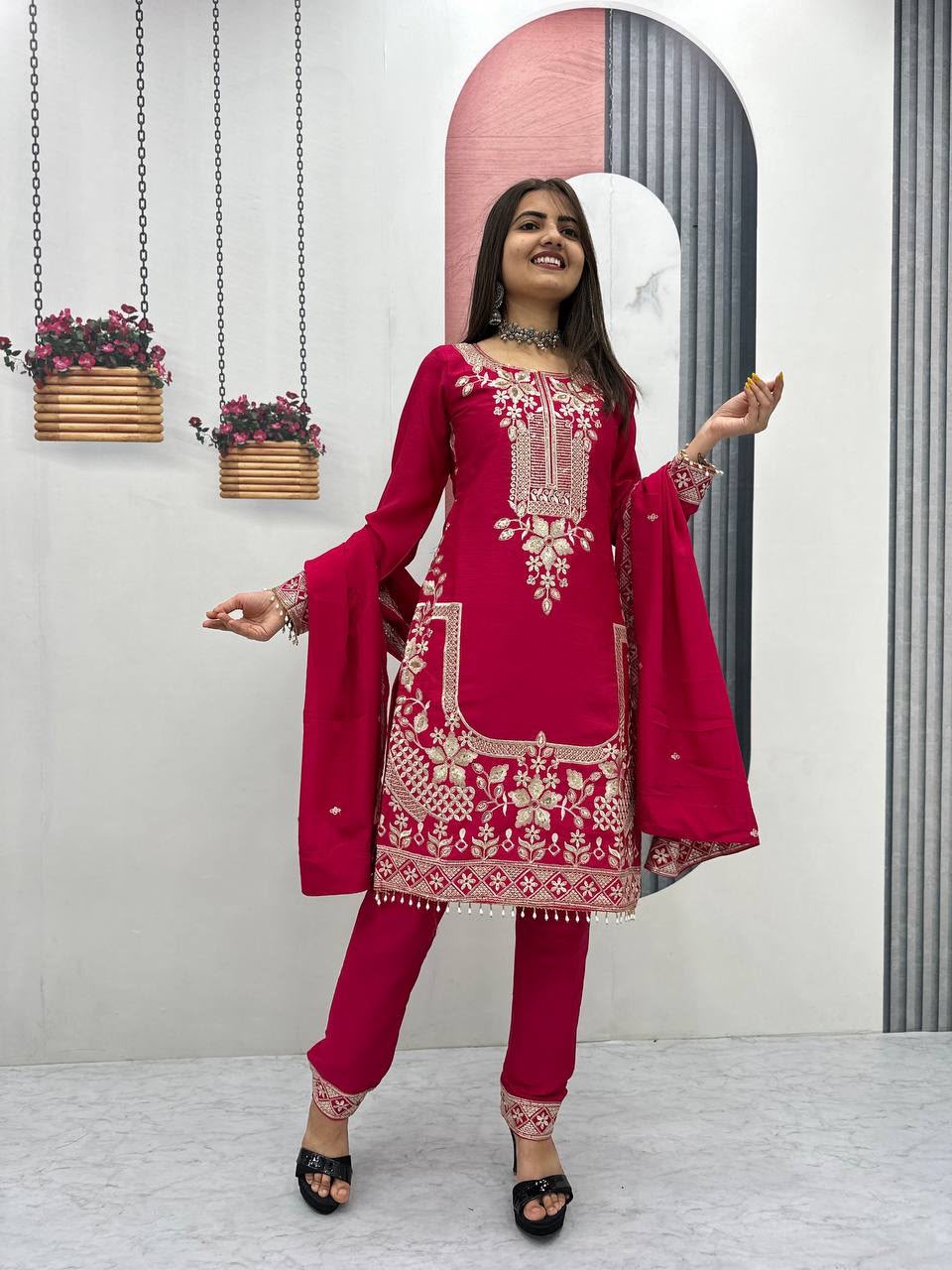 Luxury Party Wear Embroidered Chinon Suit Set for Women