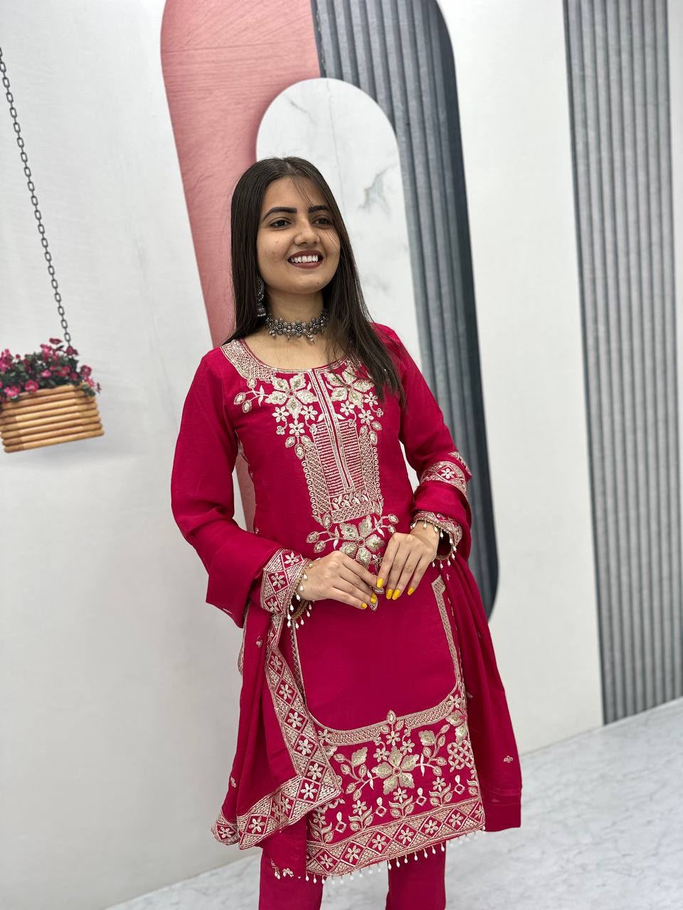 Luxury Party Wear Embroidered Chinon Suit Set for Women