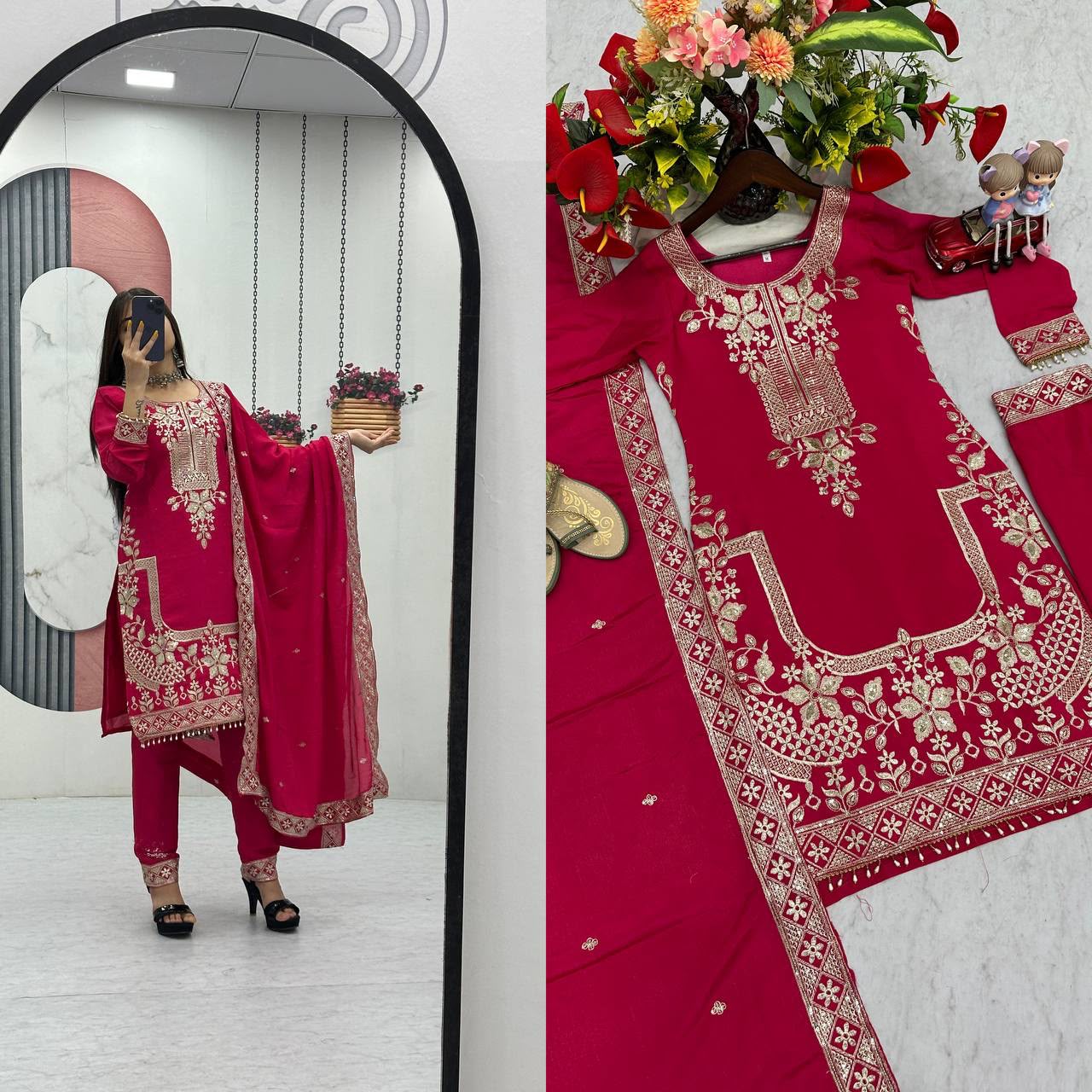 Luxury Party Wear Embroidered Chinon Suit Set for Women