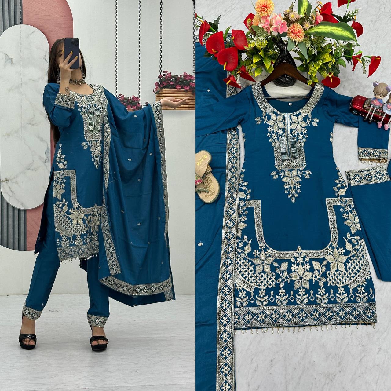 Luxury Party Wear Embroidered Chinon Suit Set for Women