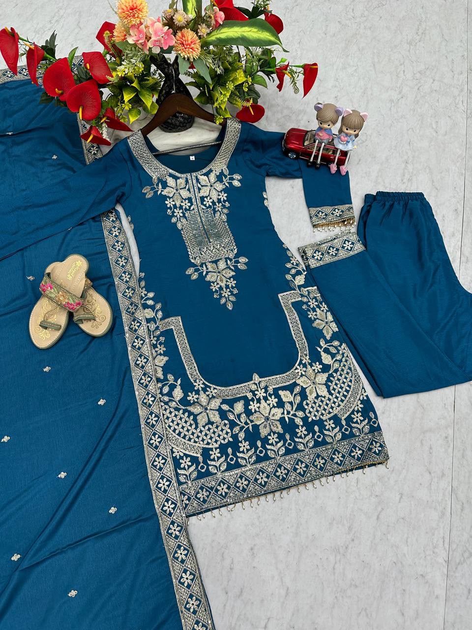 Luxury Party Wear Embroidered Chinon Suit Set for Women
