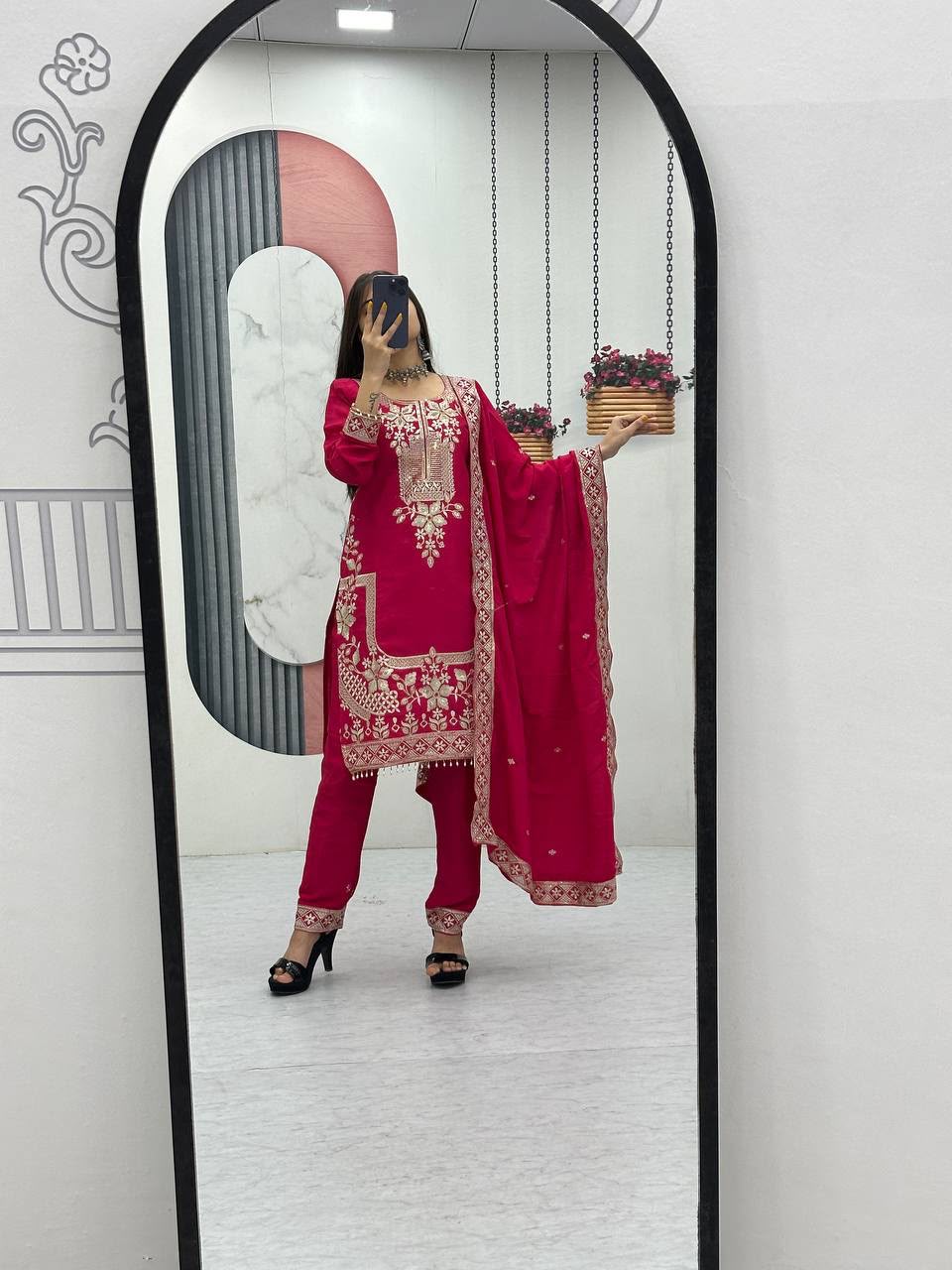 Luxury Party Wear Embroidered Chinon Suit Set for Women