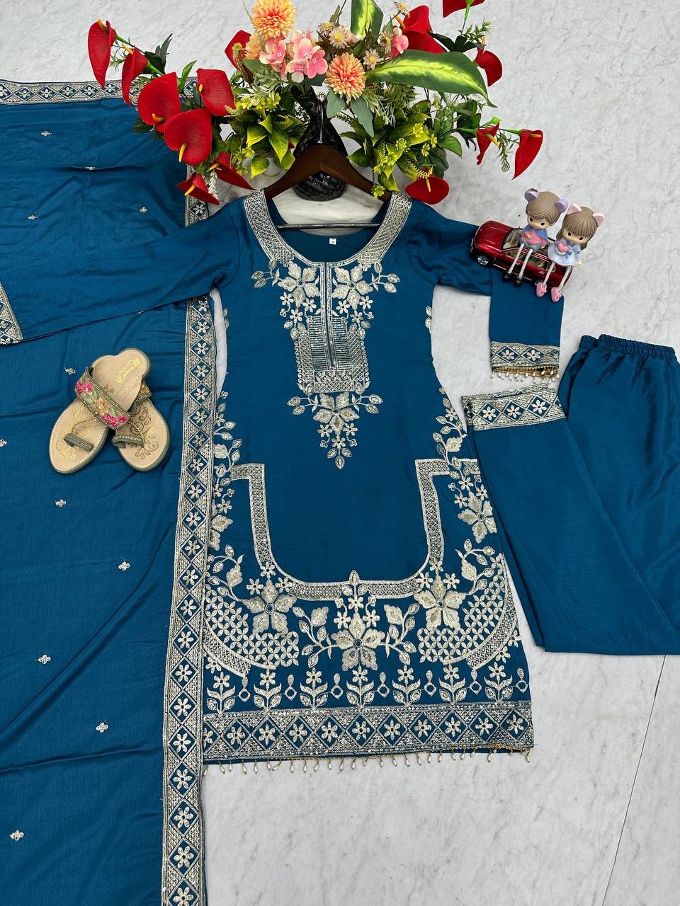 Luxury Party Wear Embroidered Chinon Suit Set for Women