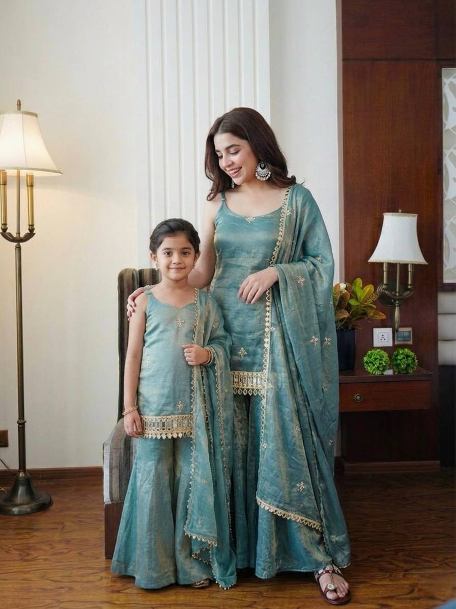 Jency Creation Mother & Daughter Faux Georgette Embroidered Palazzo Set with Dupatta