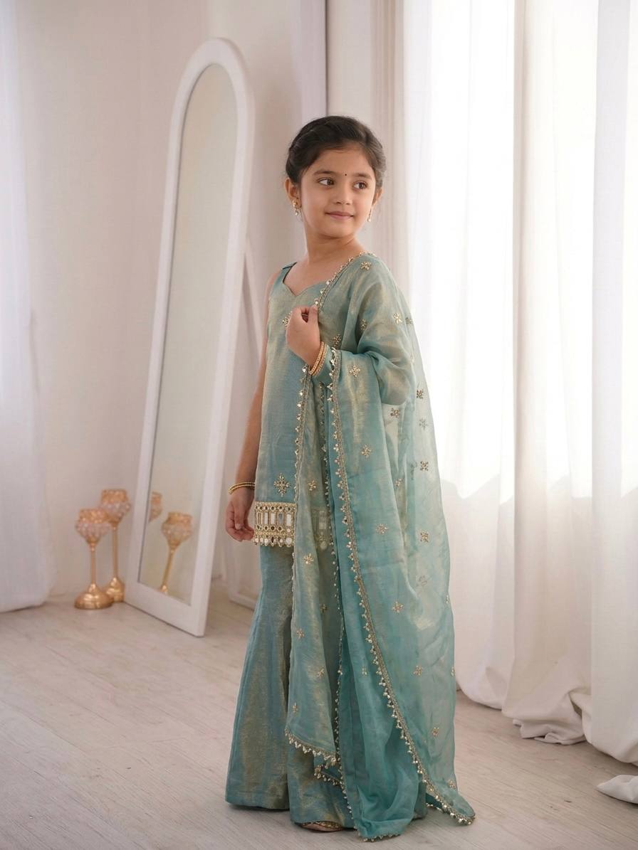 Jency Creation Mother & Daughter Faux Georgette Embroidered Palazzo Set with Dupatta