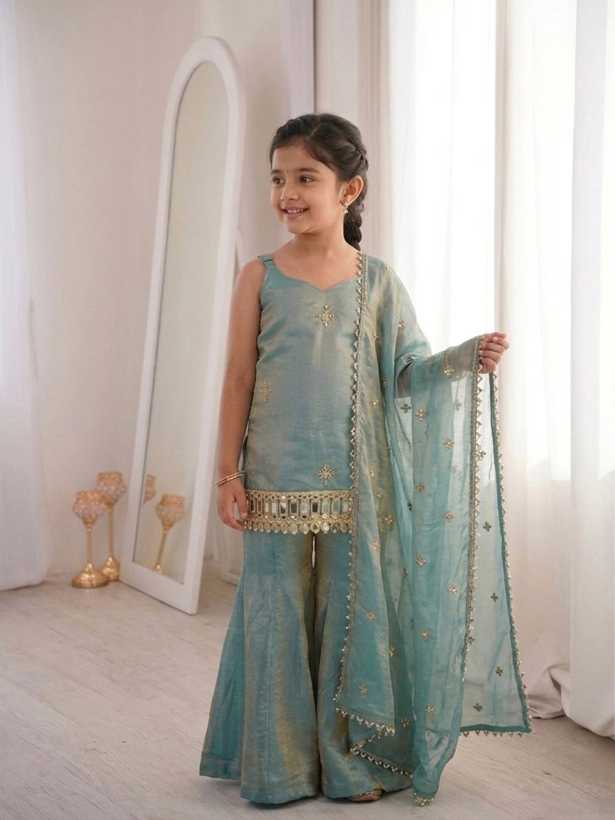 Jency Creation Mother & Daughter Faux Georgette Embroidered Palazzo Set with Dupatta
