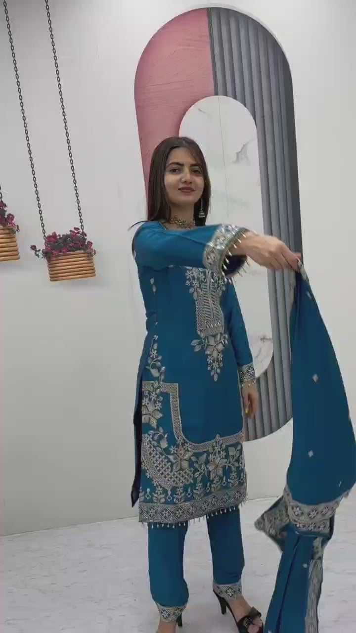 Luxury Party Wear Embroidered Chinon Suit Set for Women